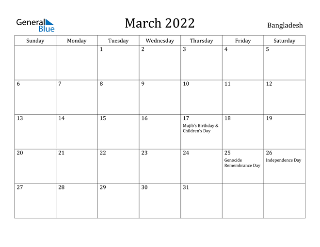 March 2022 Calendar Bangladesh