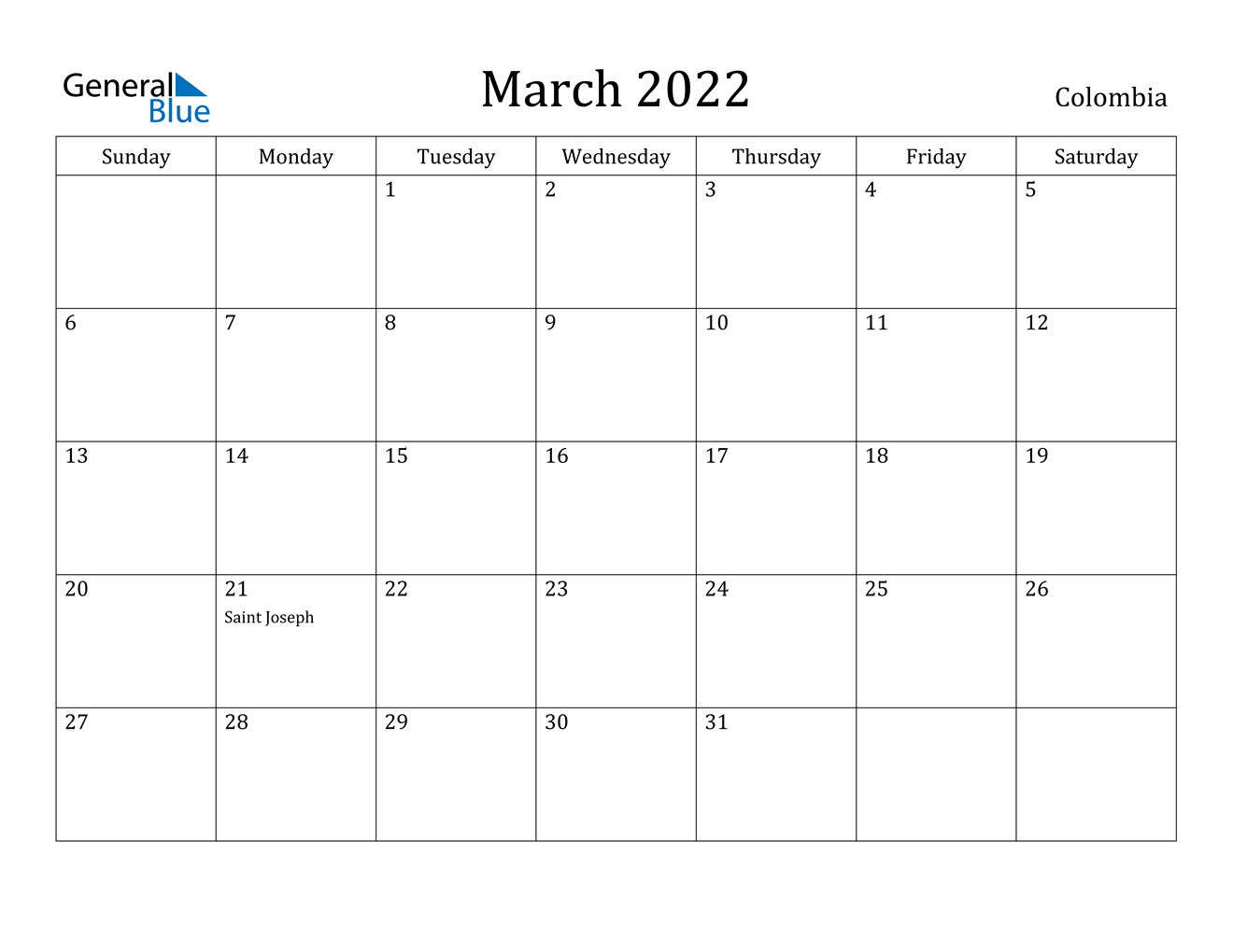 March 2022 Calendar - Colombia