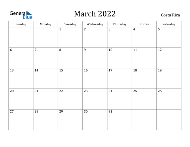 March 2022 Calendar Costa Rica