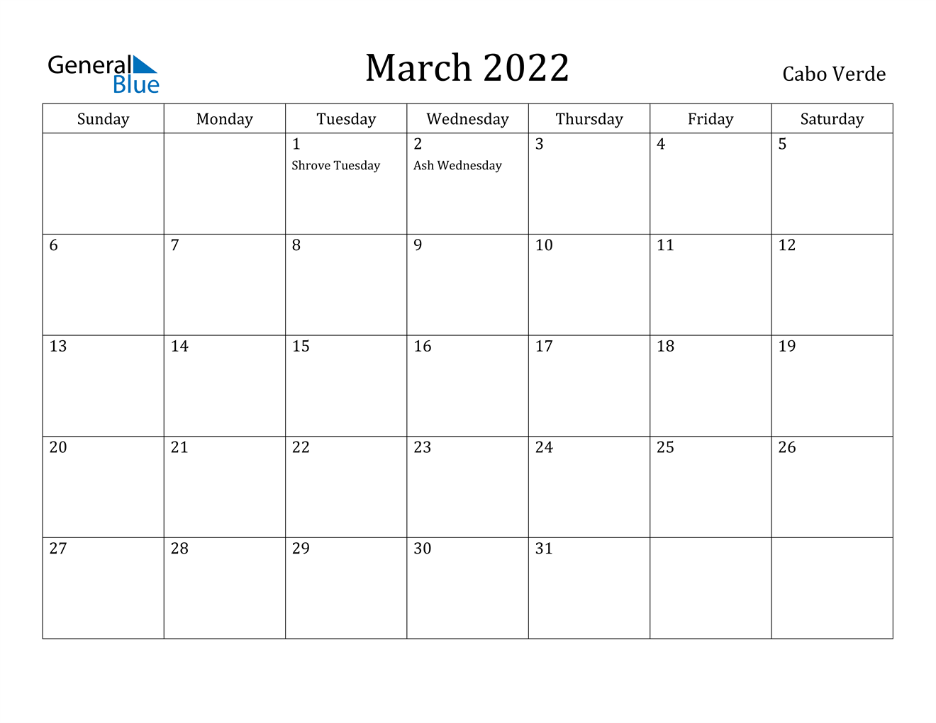 march 2022 calendar cabo verde