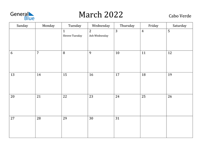 March 2022 Calendar Cabo Verde