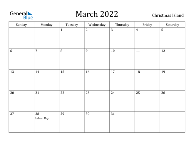 March 2022 Calendar Christmas Island
