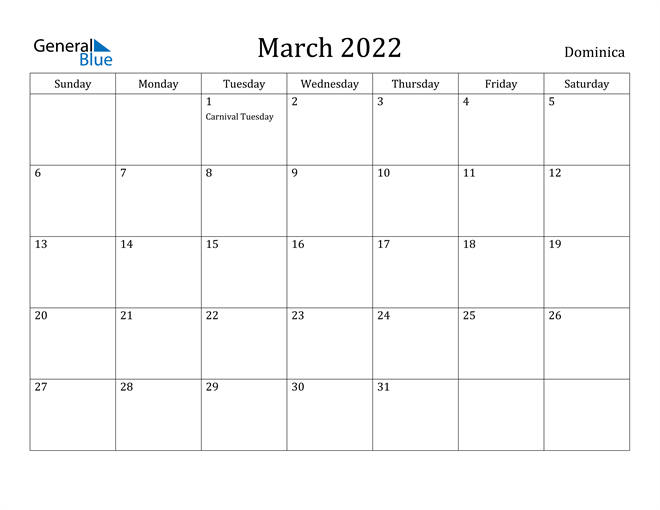 March 2022 Calendar Dominica
