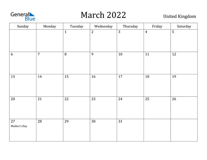 Mothers Day 2022 Calendar United Kingdom March 2022 Calendar With Holidays