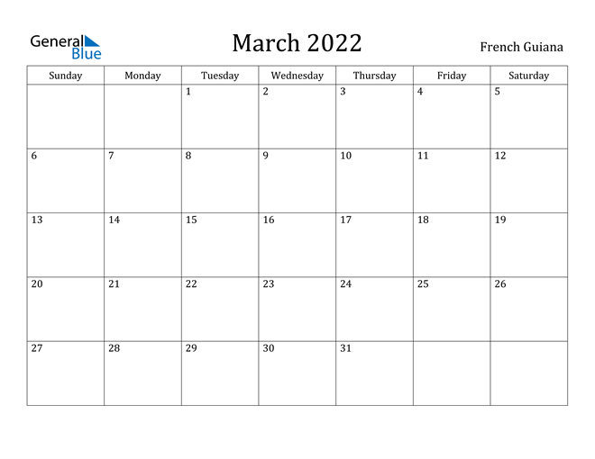 March 2022 Calendar French Guiana