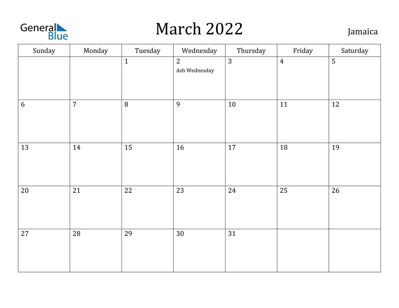 jamaica march 2022 calendar with holidays