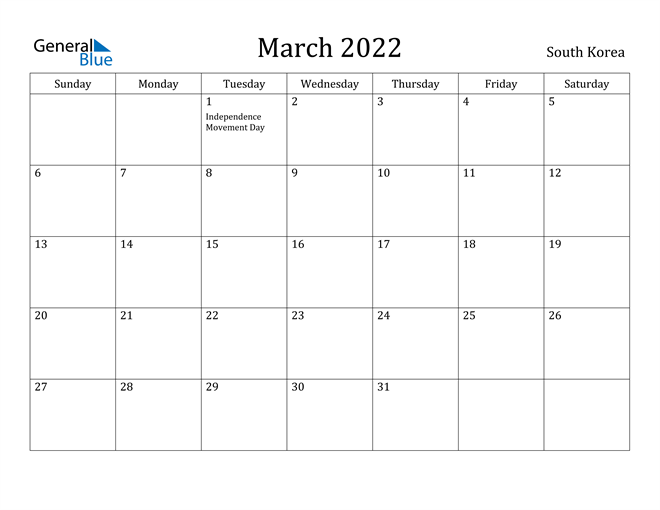March 2022 Calendar South Korea