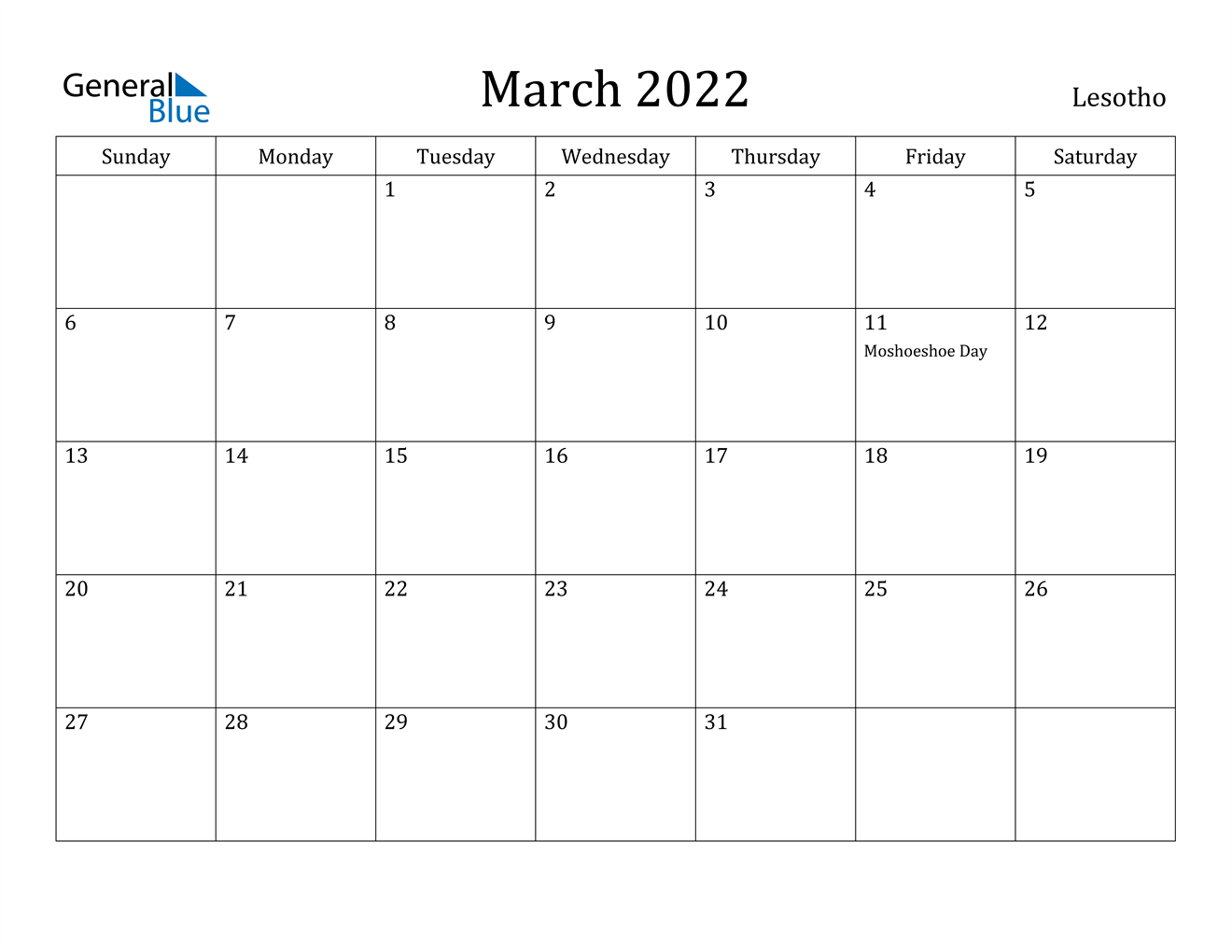 march 2022 calendar lesotho