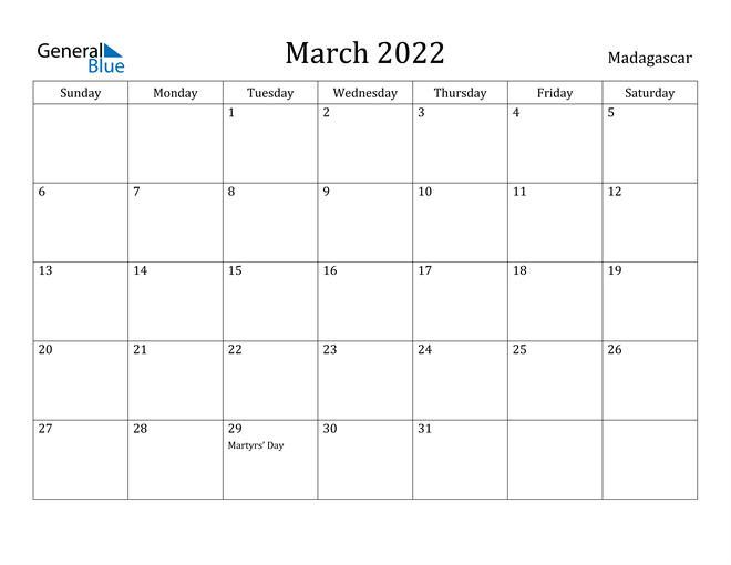March 2022 Calendar Madagascar