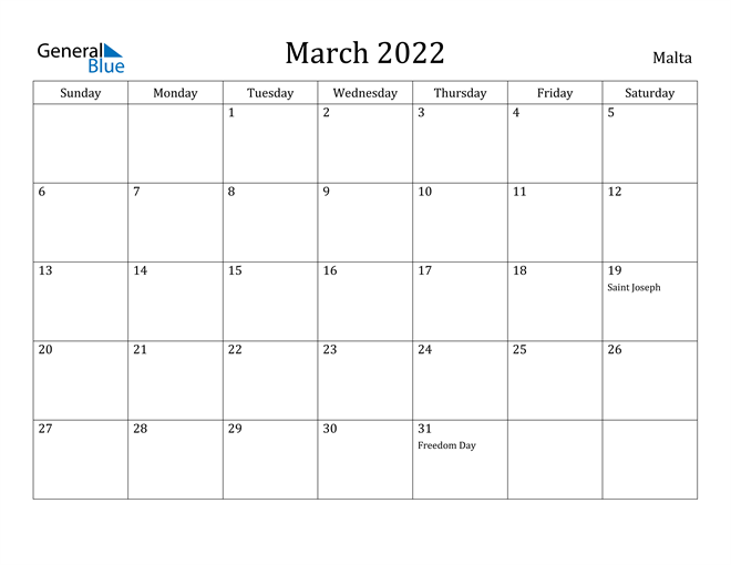 malta march 2022 calendar with holidays