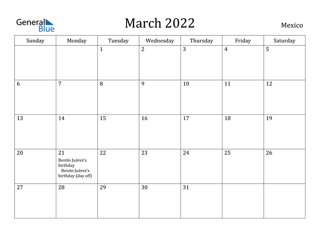 Mexican Calendar Names 2022 Mexico March 2022 Calendar With Holidays