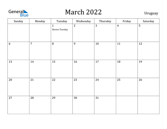 March 2022 Calendar Uruguay