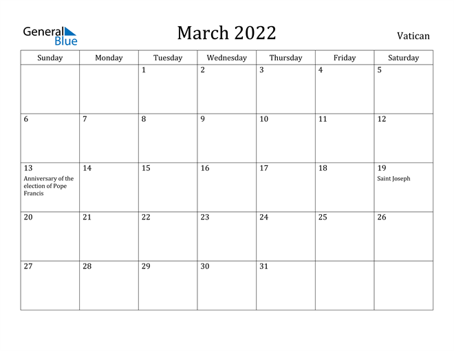 March 2022 Calendar Vatican