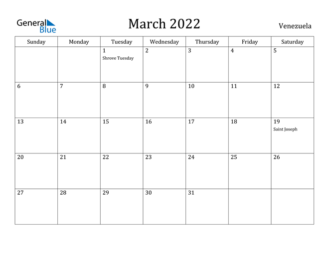 March 2022 Calendar Venezuela