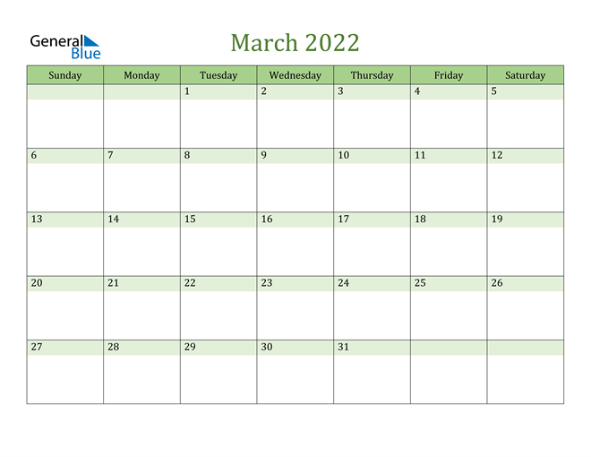  March Calendar 2022