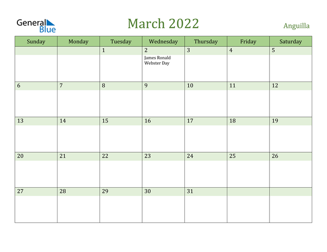 March 2022 Calendar with Anguilla Holidays