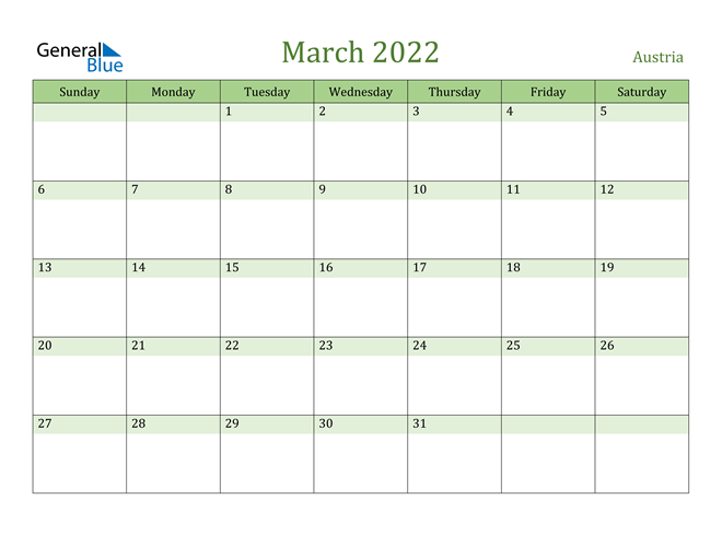 March 2022 Calendar with Austria Holidays