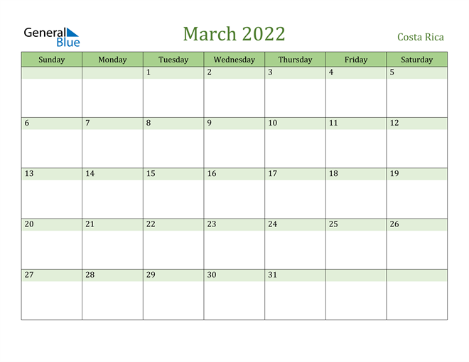 March 2022 Calendar with Costa Rica Holidays