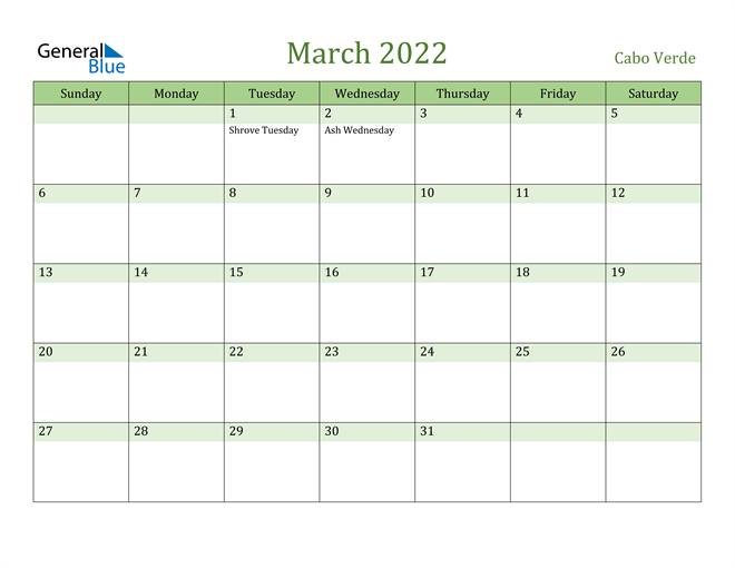 March 2022 Calendar with Cabo Verde Holidays