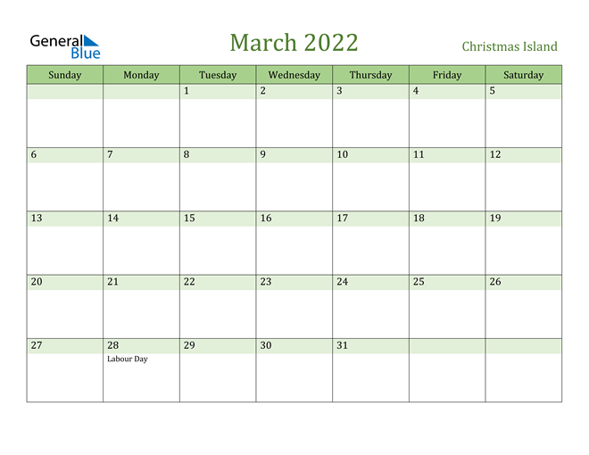 March 2022 Calendar with Christmas Island Holidays