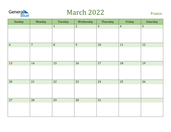 March 2022 Calendar with France Holidays