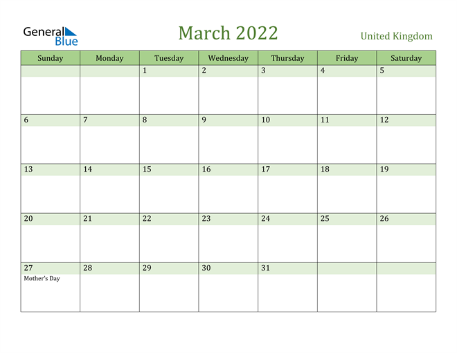 March 2022 Calendar Holidays United Kingdom March 2022 Calendar With Holidays