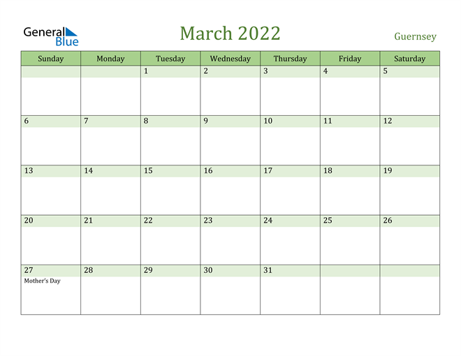 March 2022 Calendar with Guernsey Holidays