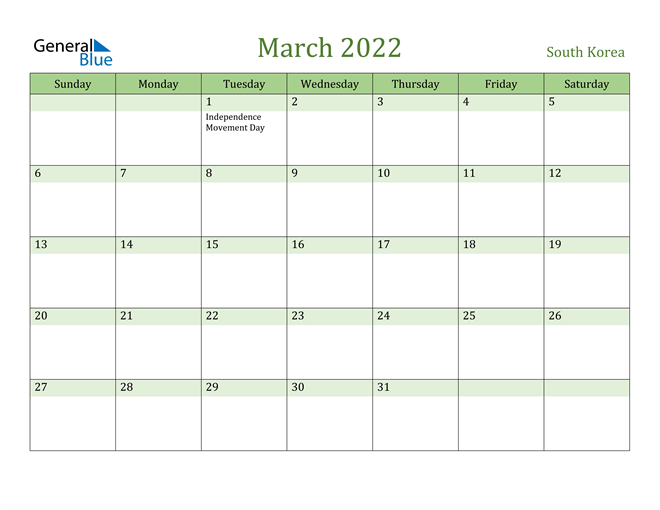 March 2022 Calendar with South Korea Holidays