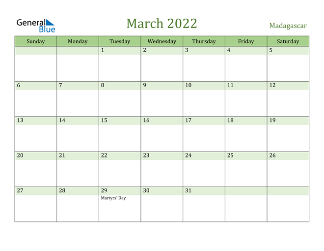 March 2022 Calendar with Madagascar Holidays