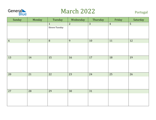 March 2022 Calendar with Portugal Holidays