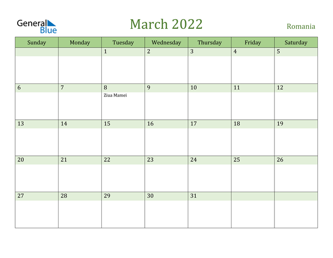 march 2022 calendar romania