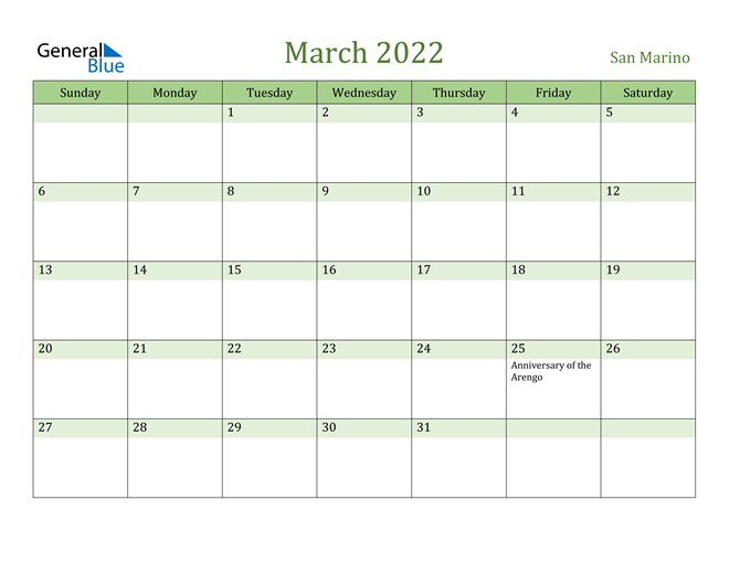 March 2022 Calendar with San Marino Holidays