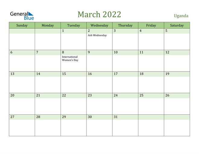 March 2022 Calendar with Uganda Holidays