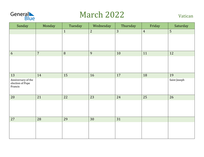 March 2022 Calendar with Vatican Holidays
