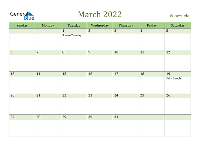 March 2022 Calendar with Venezuela Holidays