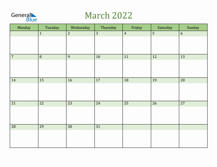 March 2022 Calendar with Monday Start