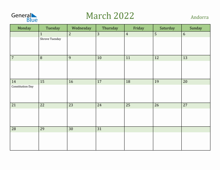 March 2022 Calendar with Andorra Holidays
