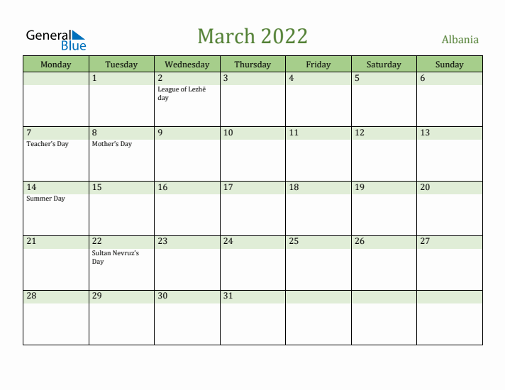 March 2022 Calendar with Albania Holidays