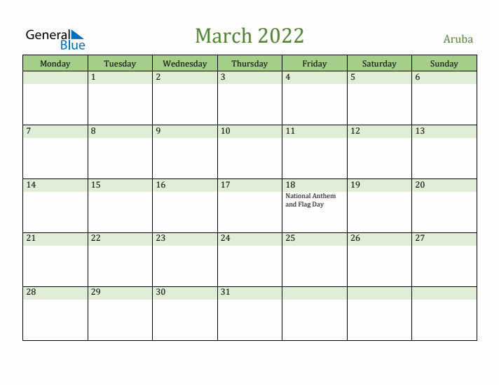 March 2022 Calendar with Aruba Holidays