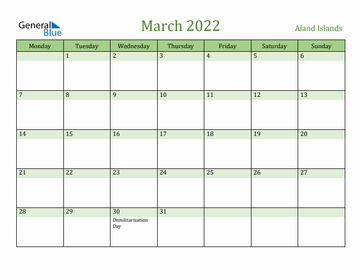 March 2022 Calendar with Aland Islands Holidays