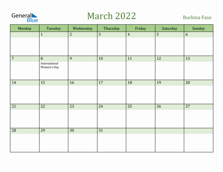 March 2022 Calendar with Burkina Faso Holidays