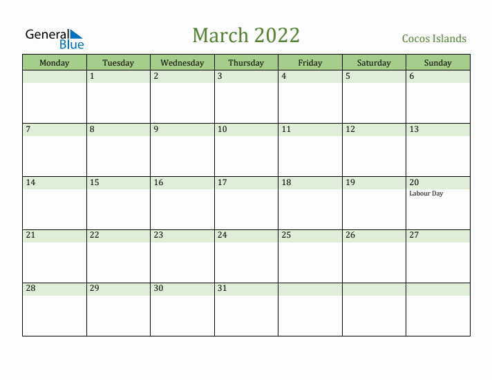 March 2022 Calendar with Cocos Islands Holidays
