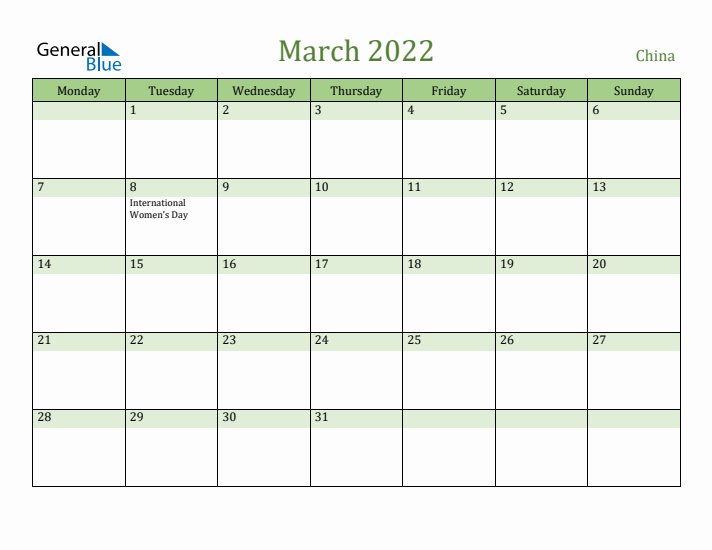 March 2022 Calendar with China Holidays