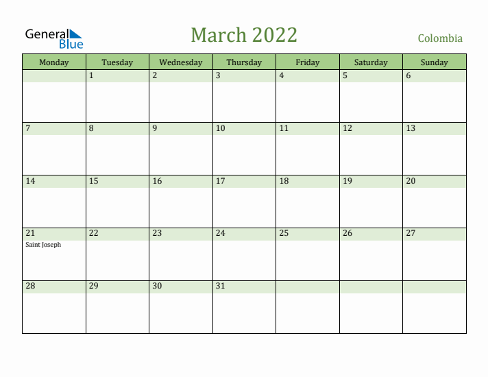 March 2022 Calendar with Colombia Holidays