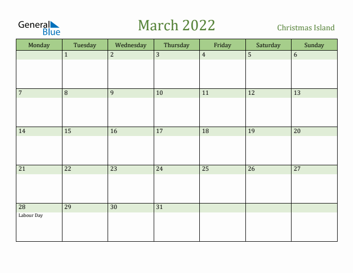 March 2022 Calendar with Christmas Island Holidays