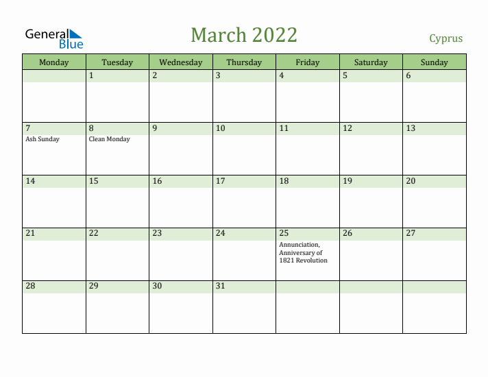 March 2022 Calendar with Cyprus Holidays