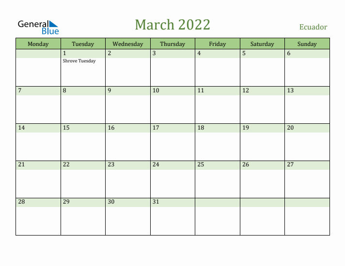 March 2022 Calendar with Ecuador Holidays