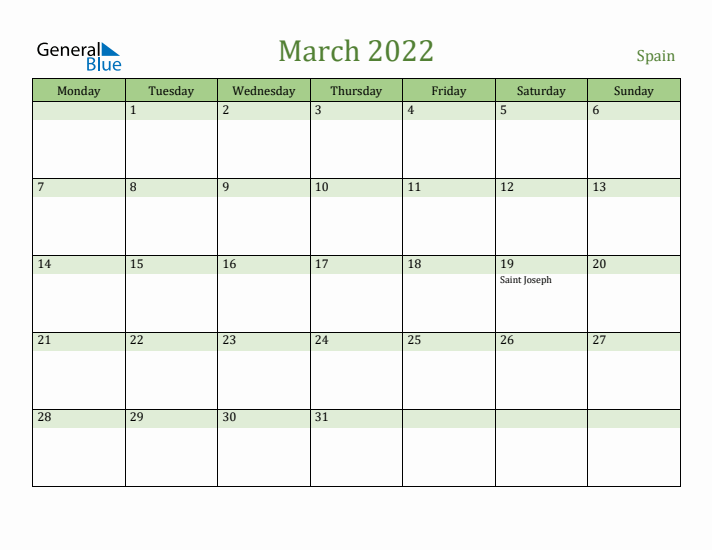March 2022 Calendar with Spain Holidays