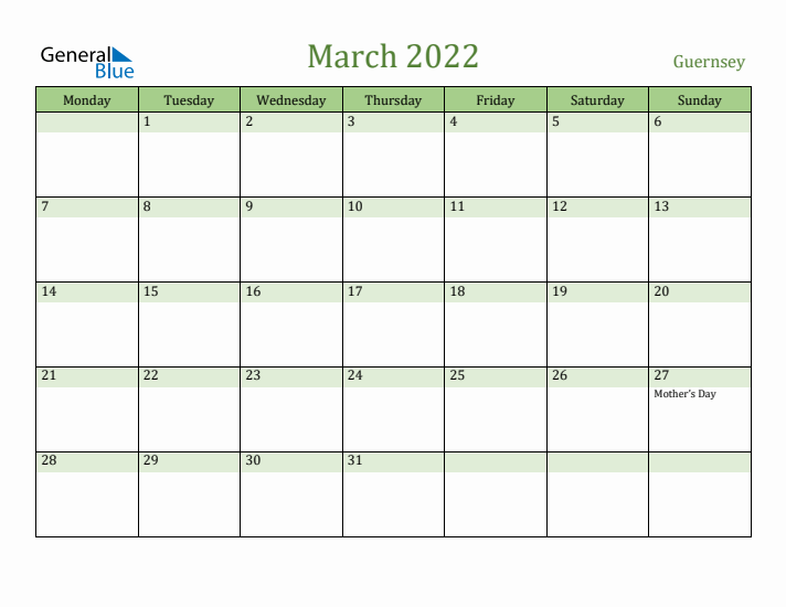 March 2022 Calendar with Guernsey Holidays