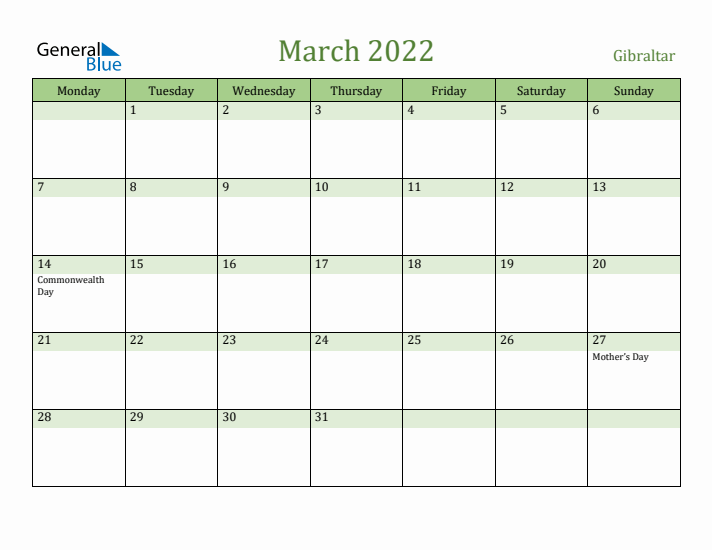March 2022 Calendar with Gibraltar Holidays